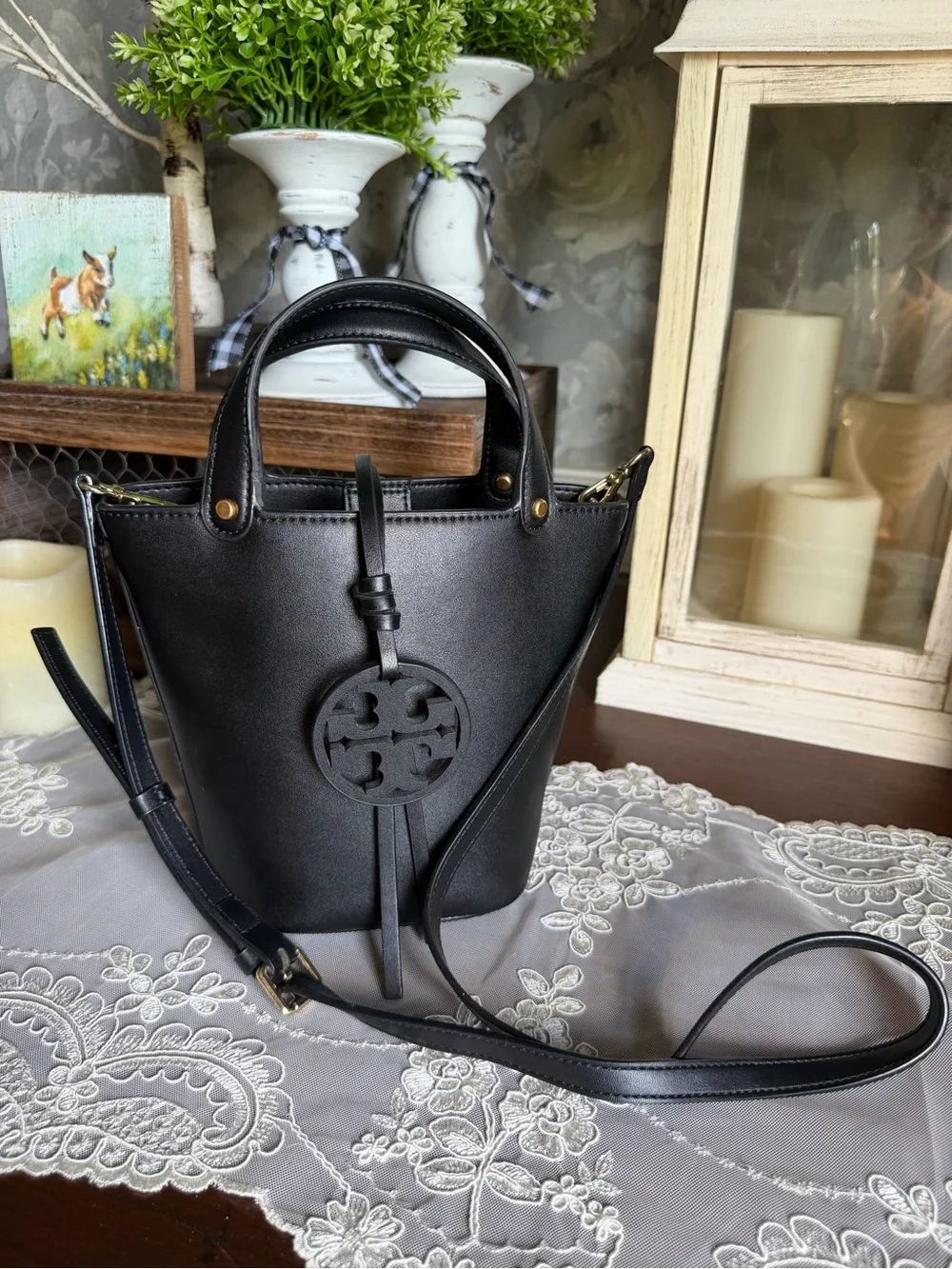 Tory Burch Black Leather Mini Miller Bucket Bag with Crossbody Strap